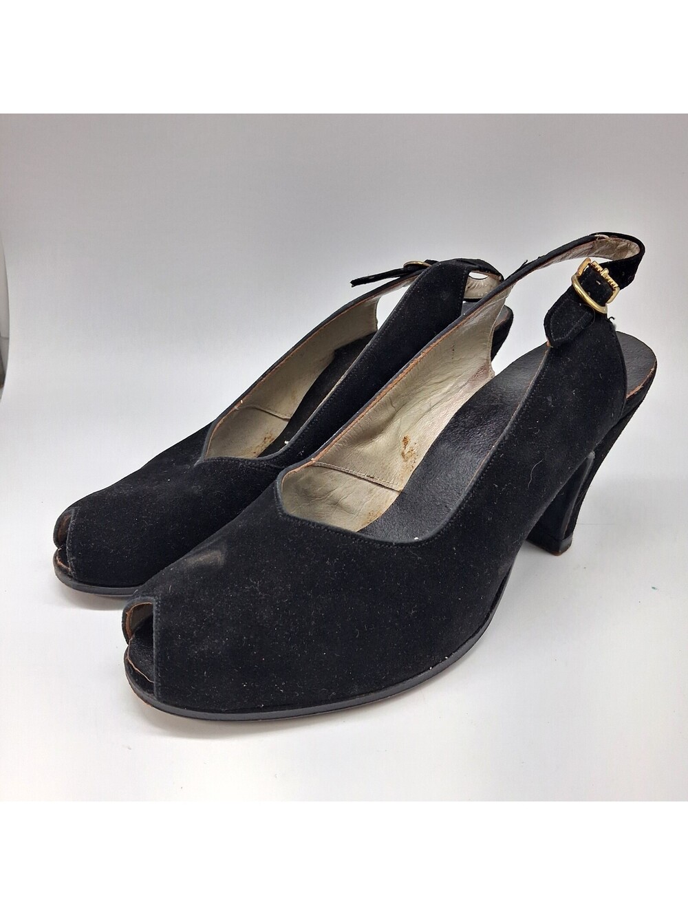 Vintage Black Suede Slingback Peep Toe Heels Made Germany Women’s Shoes